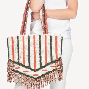 Lilla P Cotton Lurex Coral Cream Silver Metallic Stripe Crochet Beach Tote Bag L